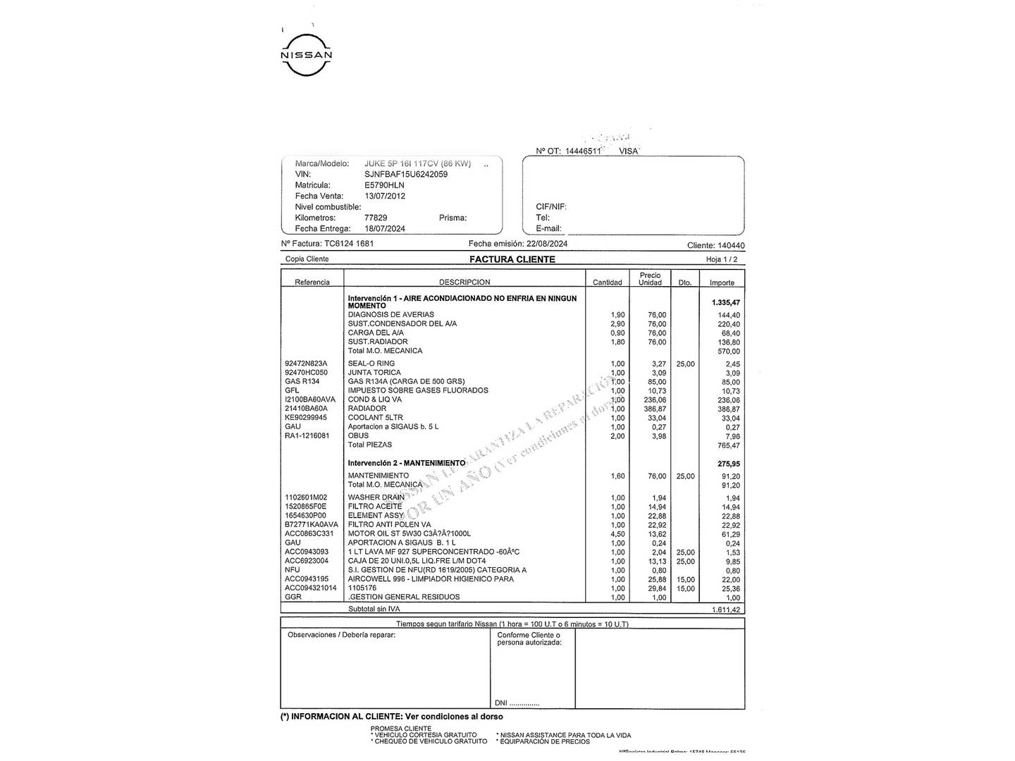 Foto del mantenimiento del Nissan JUKE Nissan Juke 1.6 Tekna Premium CVT 4X2 (117 CV)