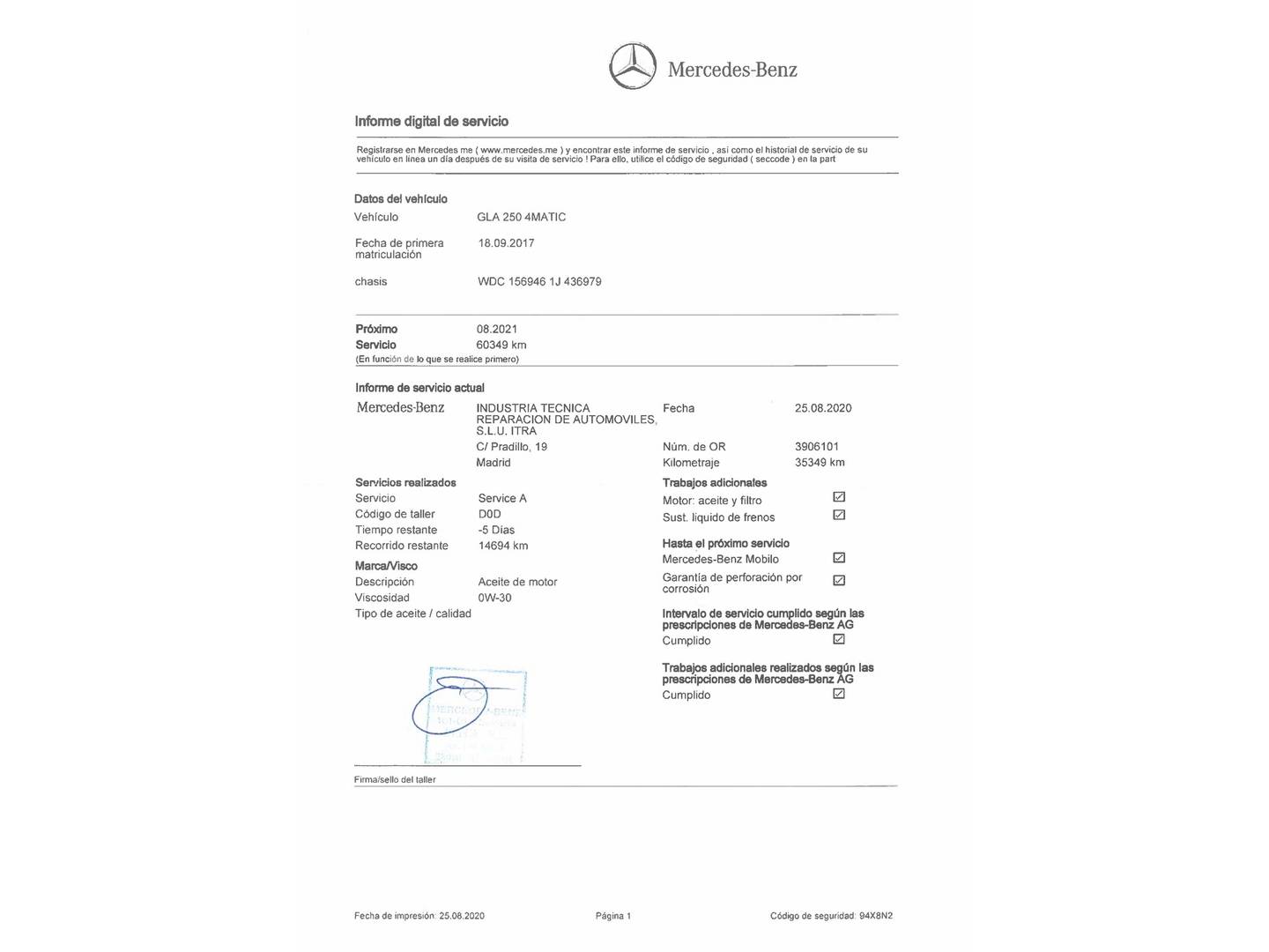 Foto del mantenimiento del Mercedes GLA Mercedes GLA 250 4Matic Urban (211 CV)