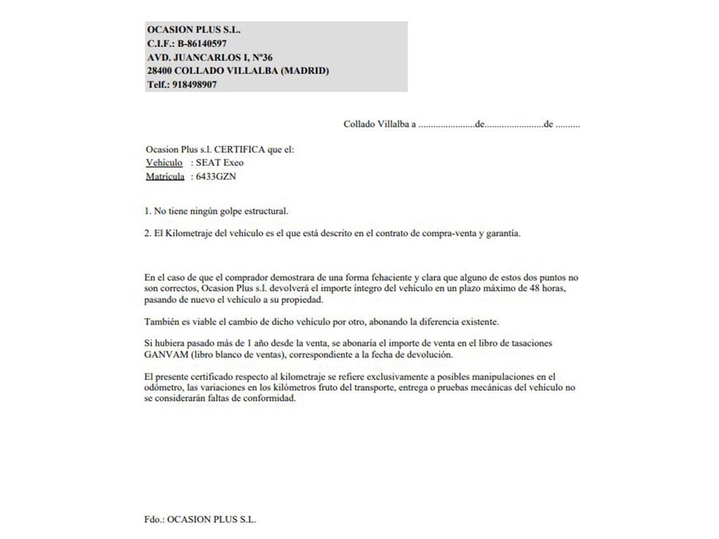 Foto del certificado del Seat Exeo Seat Exeo ST 2.0 TDI Style (143 CV)