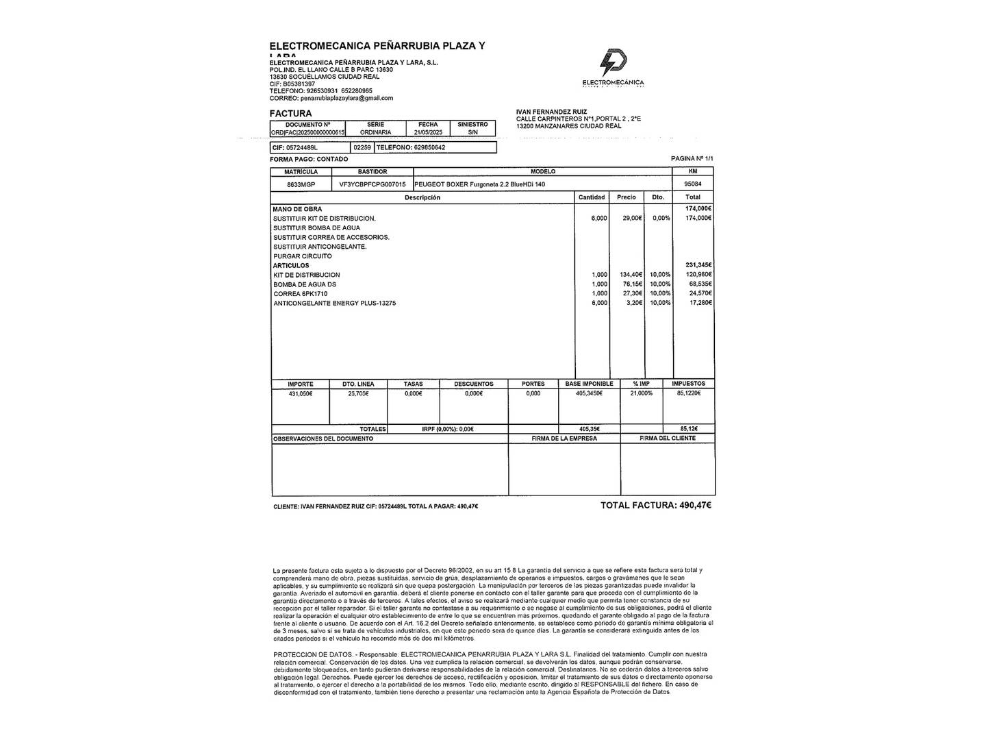 Foto del mantenimiento del Peugeot Boxer Peugeot Boxer Furgon BlueHDi 140 S&S 335 L3H2 (140 CV)