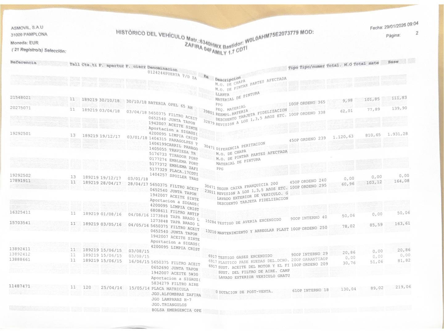 Foto del mantenimiento del Opel Zafira Opel Zafira 1.7 CDTI Family (125 CV) 7 Plazas