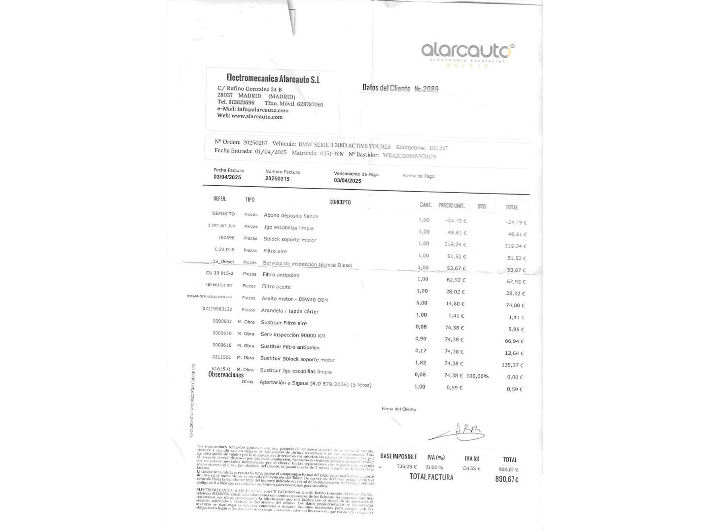 Foto del mantenimiento del BMW Serie 2 Active Tourer BMW Serie 2 218d Active Tourer (150 CV)