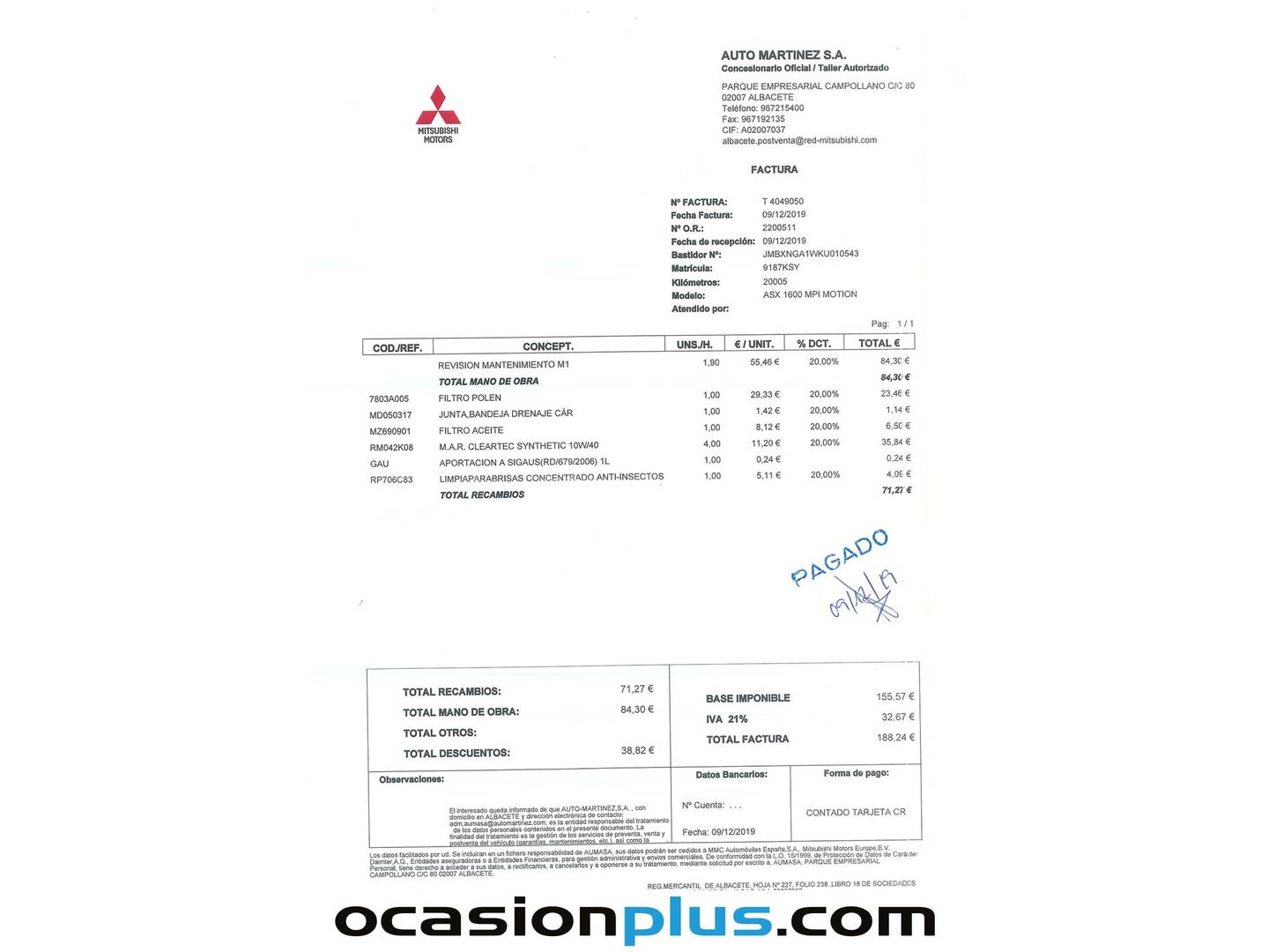 Foto del mantenimiento del Mitsubishi ASX Mitsubishi ASX 160 MPI Motion (117 CV)