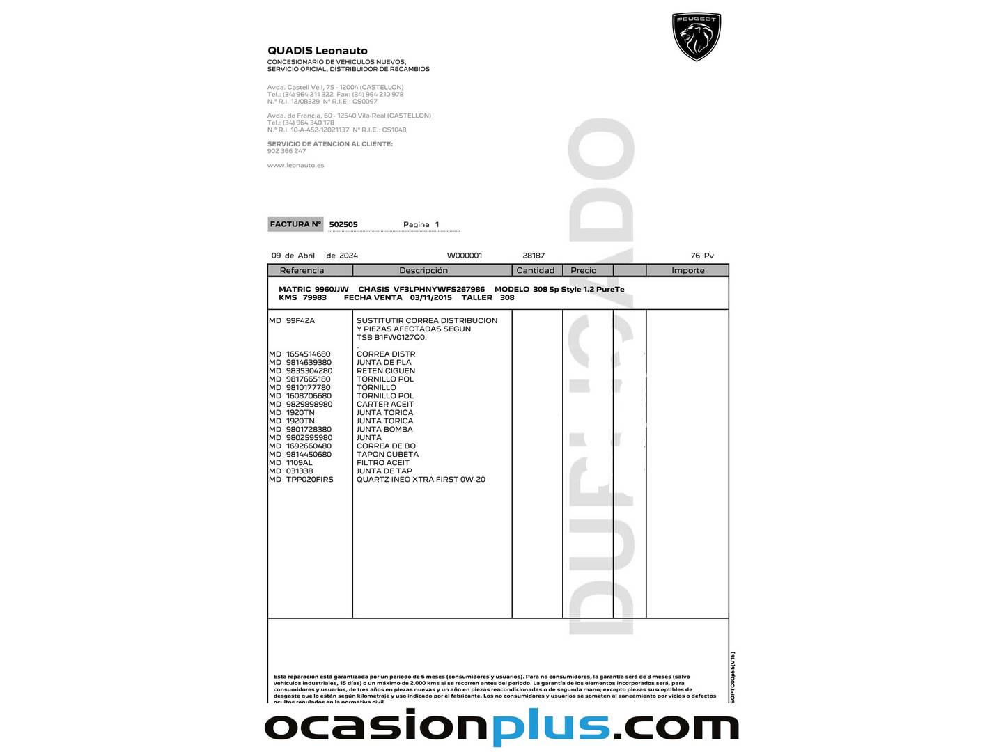 Foto del mantenimiento del Peugeot 308 Peugeot 308 PureTech 130 S&S Style EAT6 (130 CV)