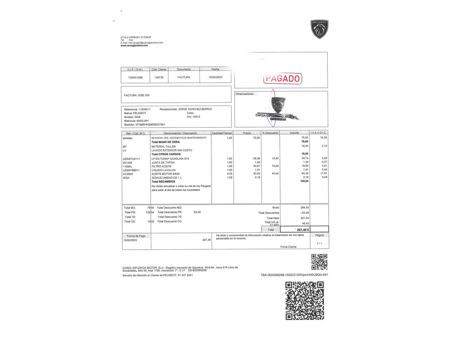 Foto del mantenimiento del Peugeot 3008 Peugeot 3008 PureTech 130 S&S GT (130 CV)