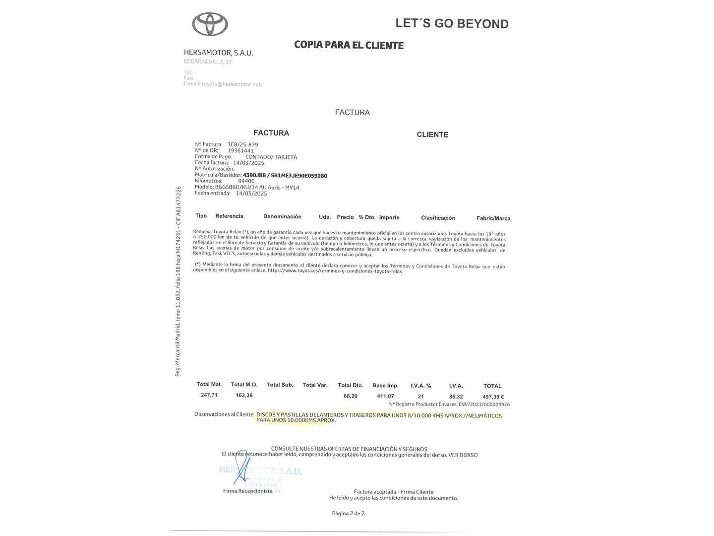 Foto del mantenimiento del Toyota Auris Toyota Auris 130 Active (132 CV)