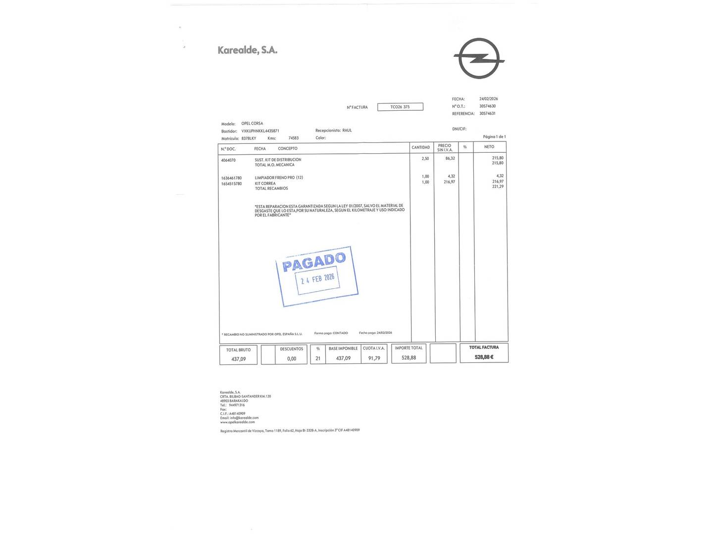 Foto del mantenimiento del Opel Corsa Opel Corsa 1.2 Turbo XHL GS-Line (100 CV)