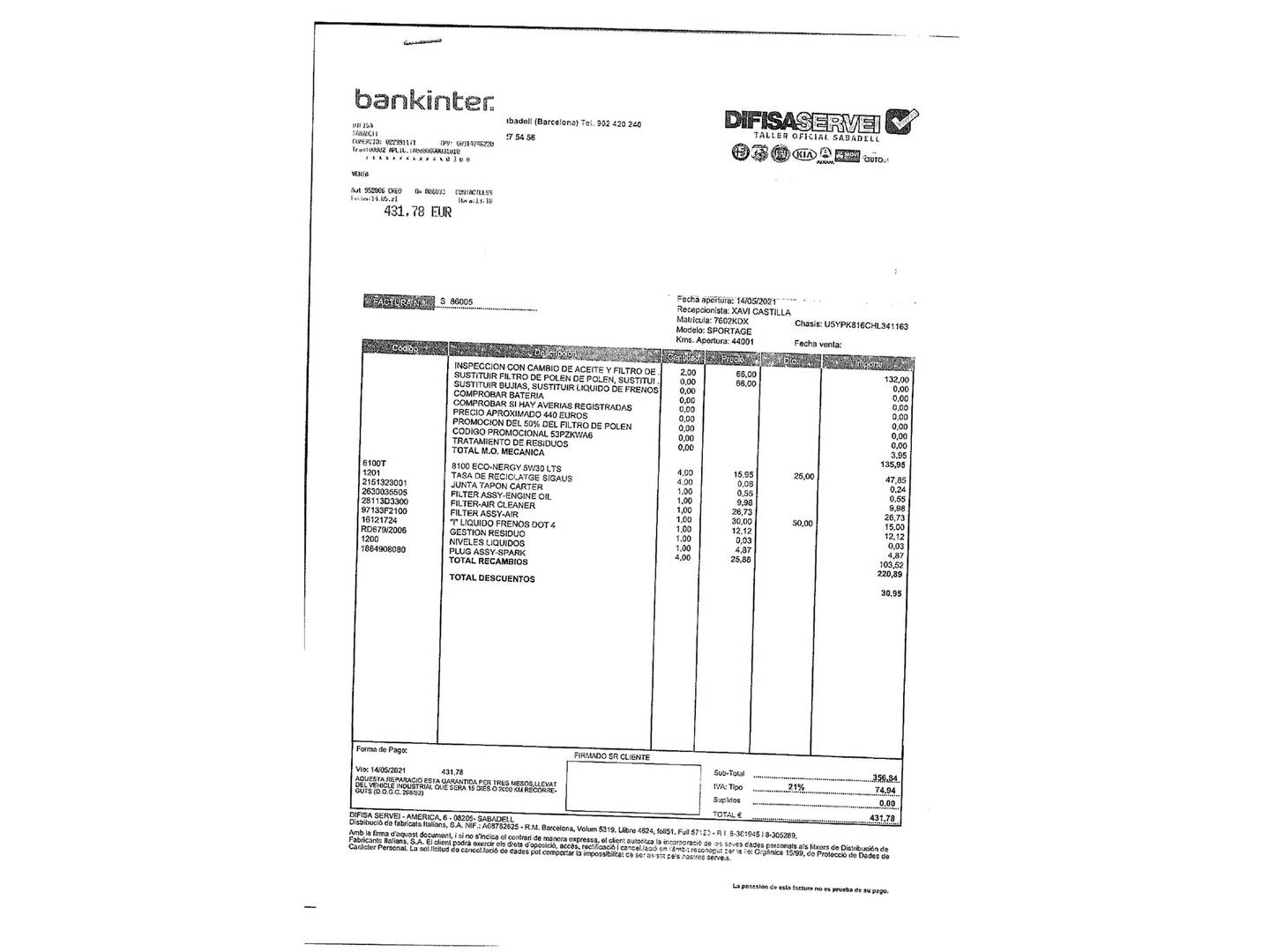 Foto del mantenimiento del KIA Sportage KIA Sportage 1.6 T-GDi GT Line 4x4 (177 CV)