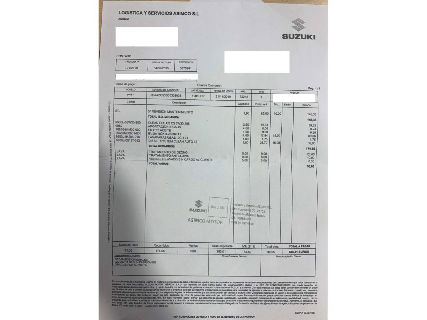 Foto del mantenimiento del Suzuki Swift Suzuki Swift 1.2 Mild Hybrid GLX (90 CV)