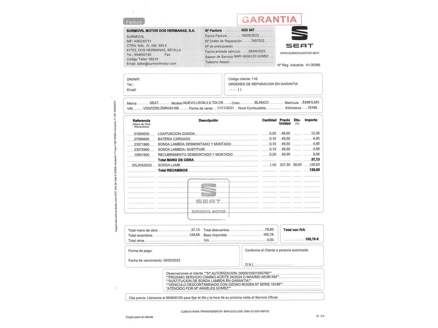 Foto del mantenimiento del Seat León Seat León 2.0 TDI S&S Style Go (115 CV)