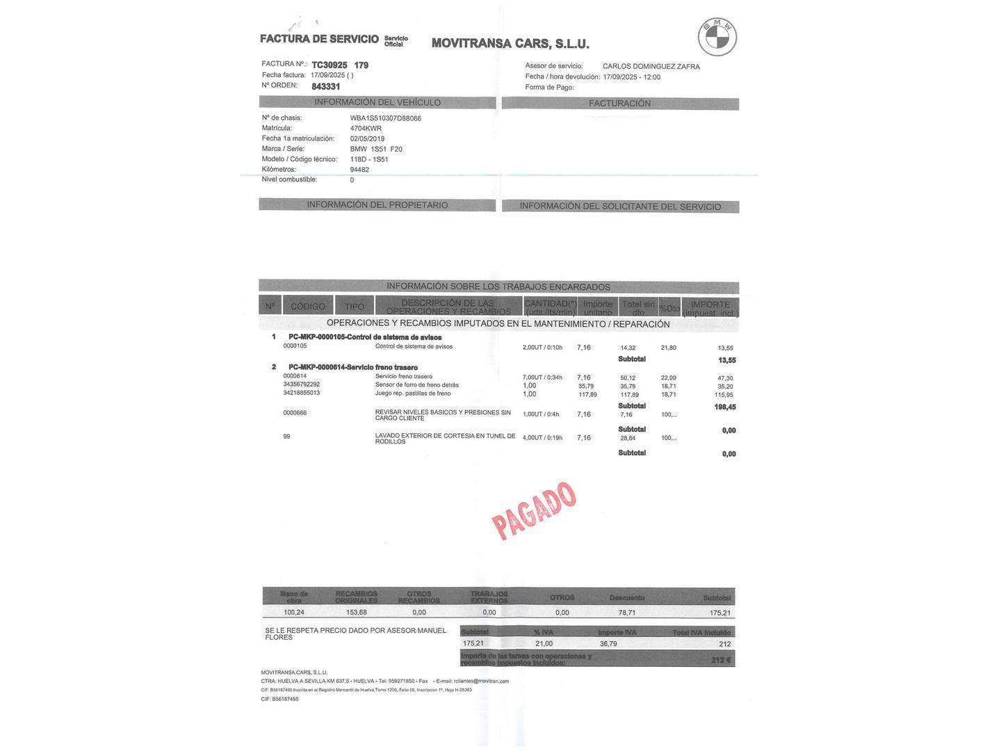 Foto del mantenimiento del BMW Serie 1 BMW Serie 1 118d (150 CV)