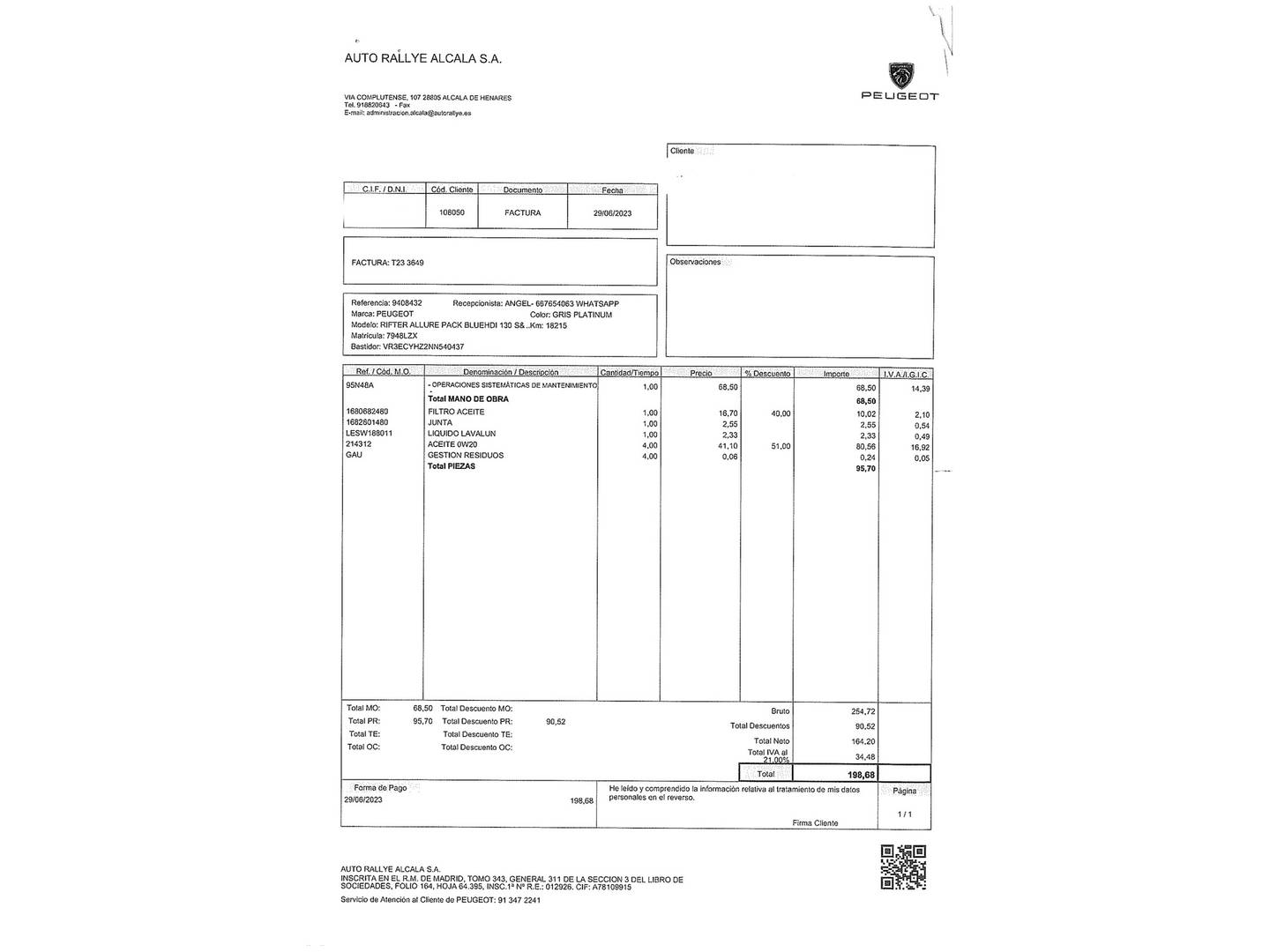 Foto del mantenimiento del Peugeot Rifter Peugeot Rifter BlueHDi 130 Allure Pack Standard (130 CV)