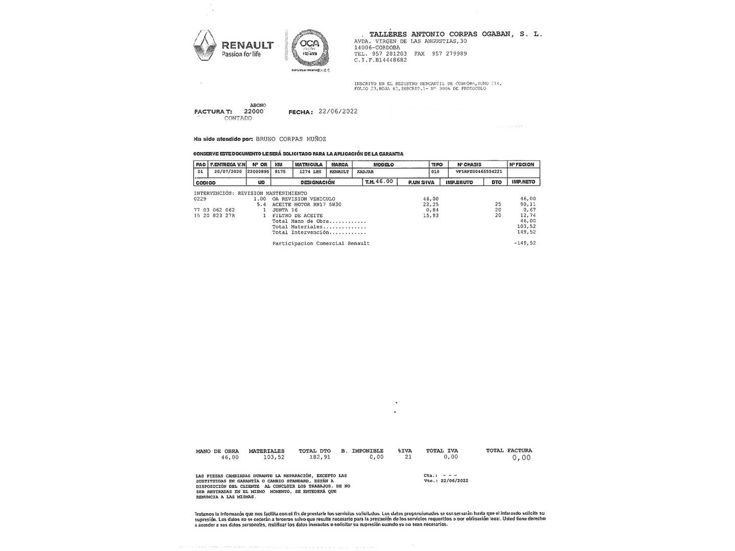 Foto del mantenimiento del Renault Kadjar Renault Kadjar Zen TCe (140 CV)