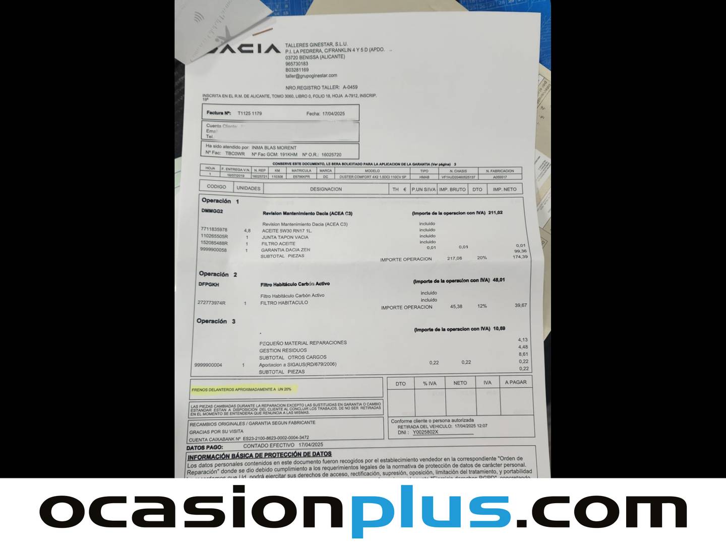 Foto del mantenimiento del Dacia Duster Dacia Duster 1.5 dCi Laureate 4X2 (109 CV)