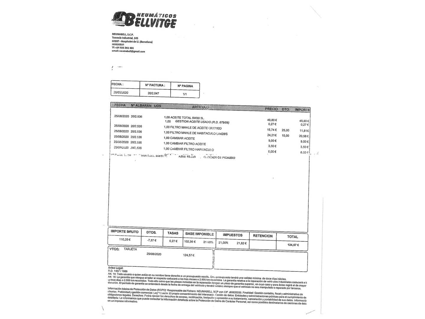 Foto del mantenimiento del Citroën C4 Picasso Citroën C4 Picasso 1.6 e-HDI Intensive (115 CV)