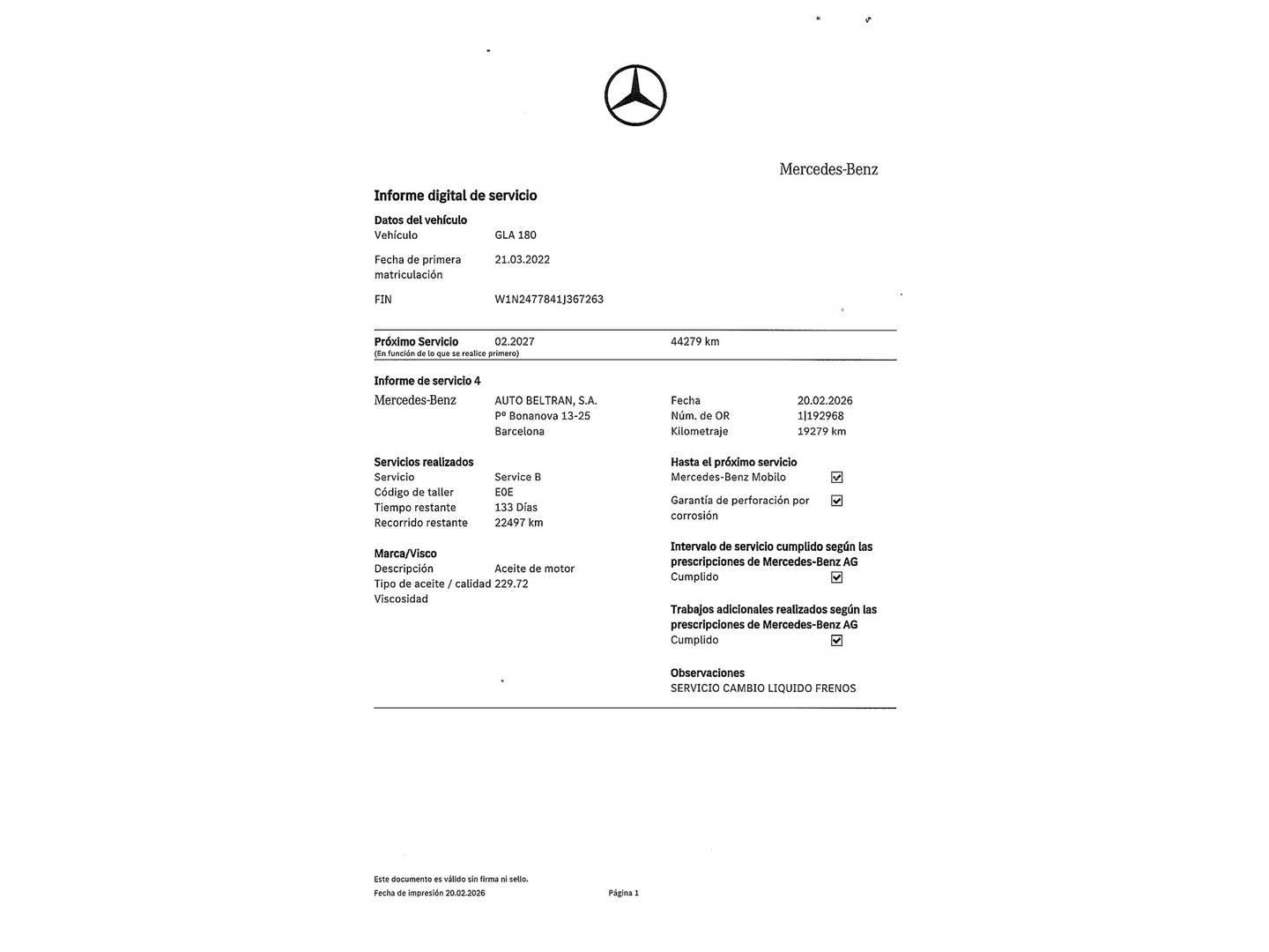 Foto del mantenimiento del Mercedes GLA Mercedes GLA 180 (136 CV) Pack AMG