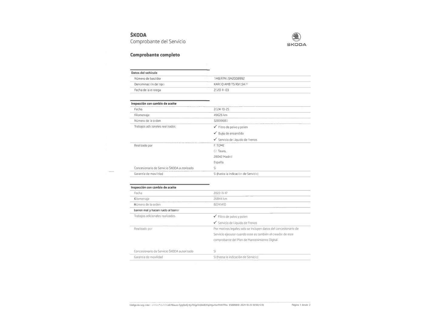 Foto del mantenimiento del Skoda Karoq Skoda Karoq 1.5 TSI ACT Ambition DSG  (150 CV)