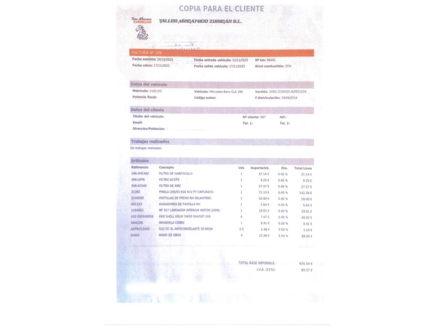 Foto del mantenimiento del Mercedes CLA Mercedes-Benz CLA Shooting Brake 180 (122 CV)