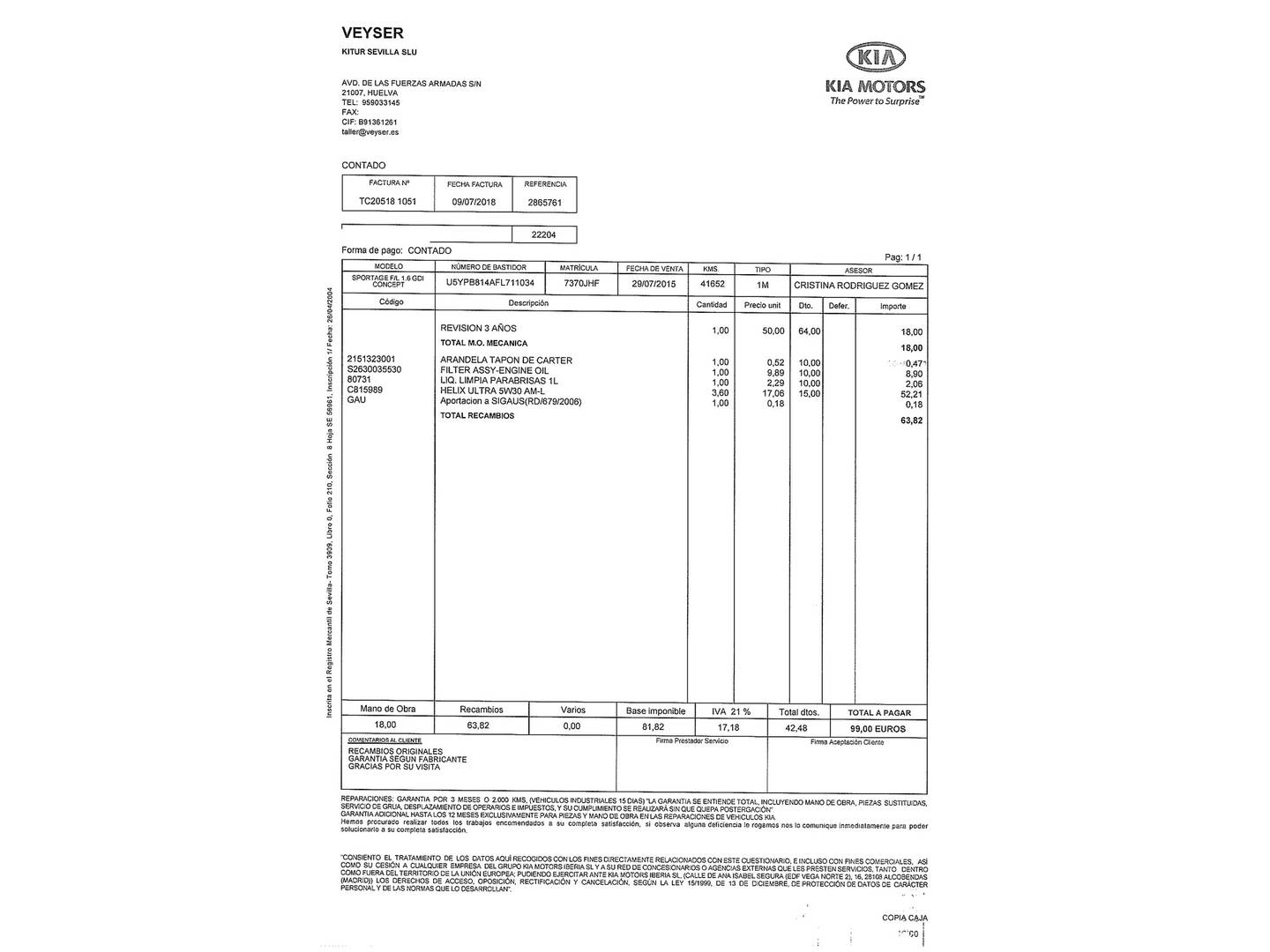 Foto del mantenimiento del KIA Sportage KIA Sportage 1.6 GDI Concept 4x2 (135 CV)