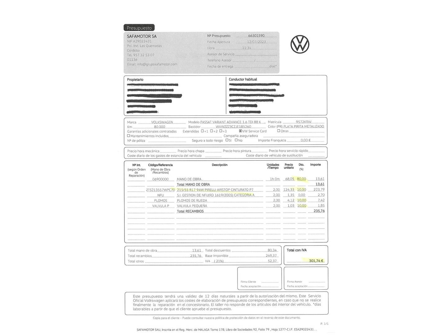 Foto del mantenimiento del Volkswagen Passat Volkswagen Passat Variant Advance 1.6 TDI (120 CV)