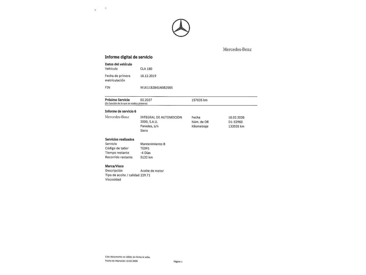 Foto del mantenimiento del Mercedes CLA Mercedes CLA 180 (136 CV) PACK AMG