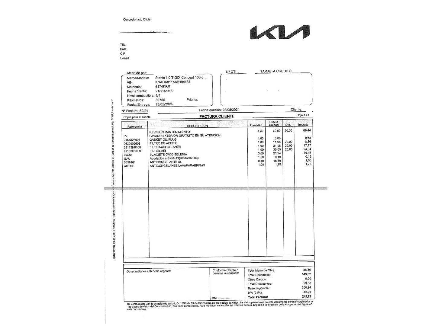 Foto del mantenimiento del KIA Stonic KIA Stonic 1.0 T-GDi Concept (100 CV)