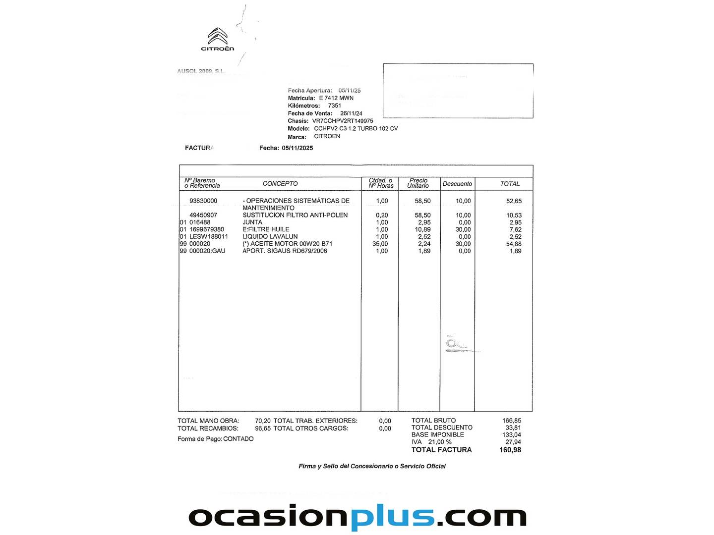 Foto del mantenimiento del Citroën C3 Citroën C3 Turbo 100 You (100 CV)