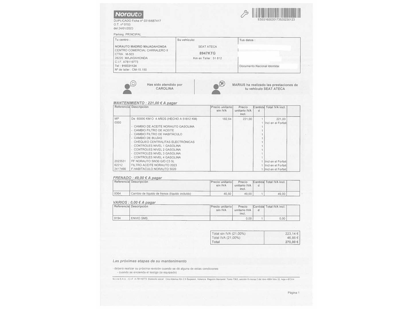 Foto del mantenimiento del Seat Ateca Seat Ateca 1.5 TSI S&S Style DSG (150 CV)