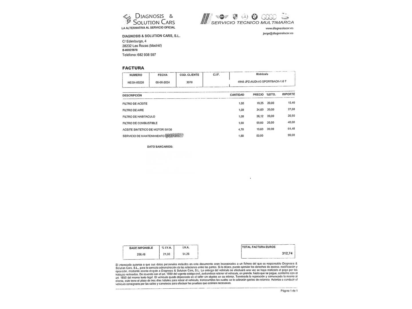Foto del mantenimiento del Audi A3 Sportback Audi A3 Sportback Advanced 1.6 TDI clean diesel (110 CV)
