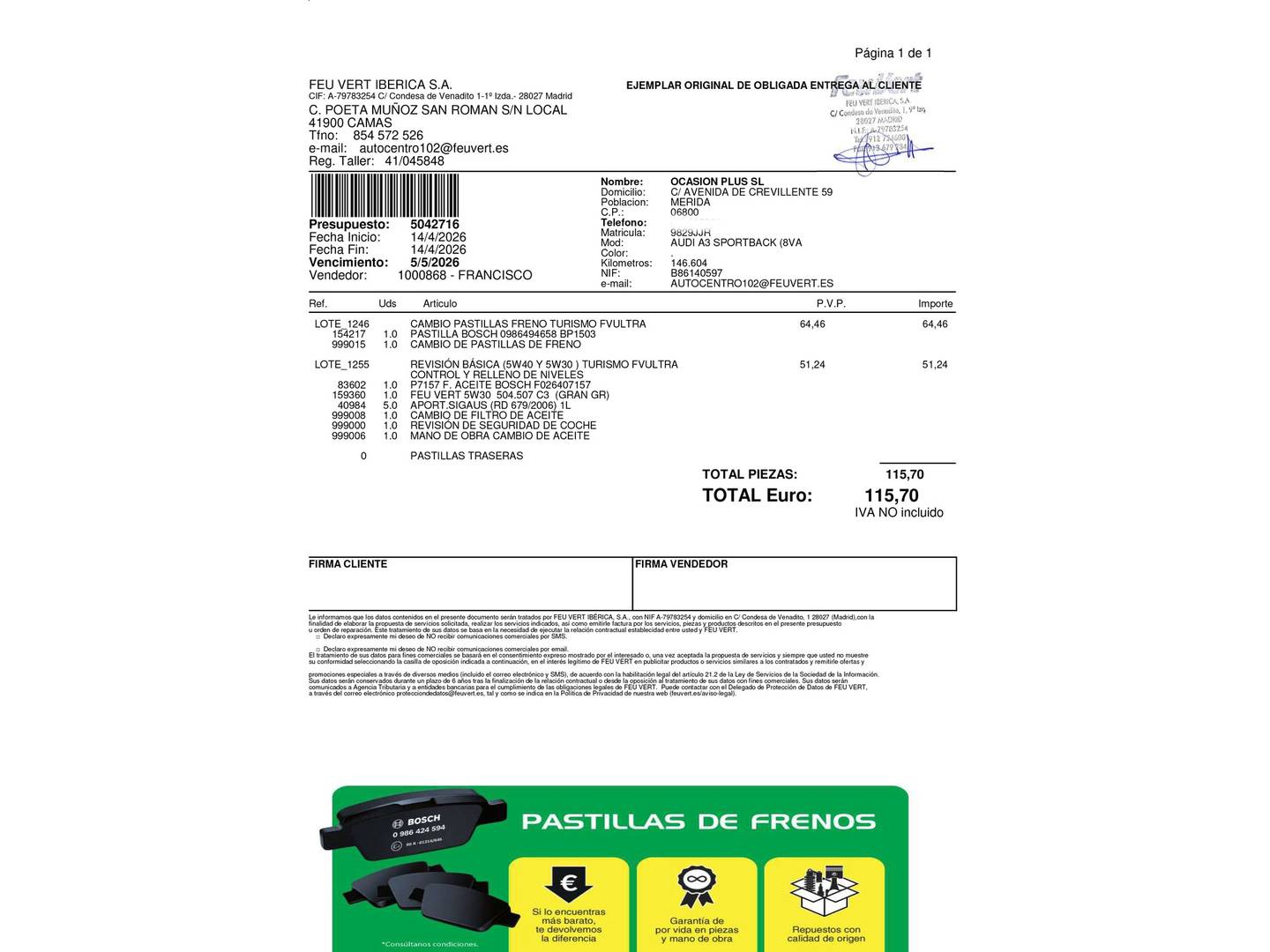 Foto del mantenimiento del Audi A3 Audi A3 Sportback Advanced 1.6 TDI clean diesel (110 CV)