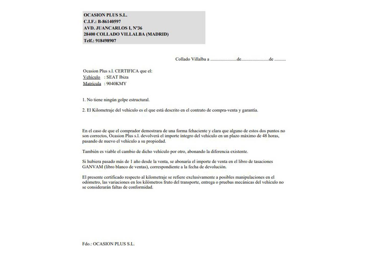 Foto del certificado del Seat Ibiza Seat Ibiza 1.0 EcoTSI S&S Style (95 CV)