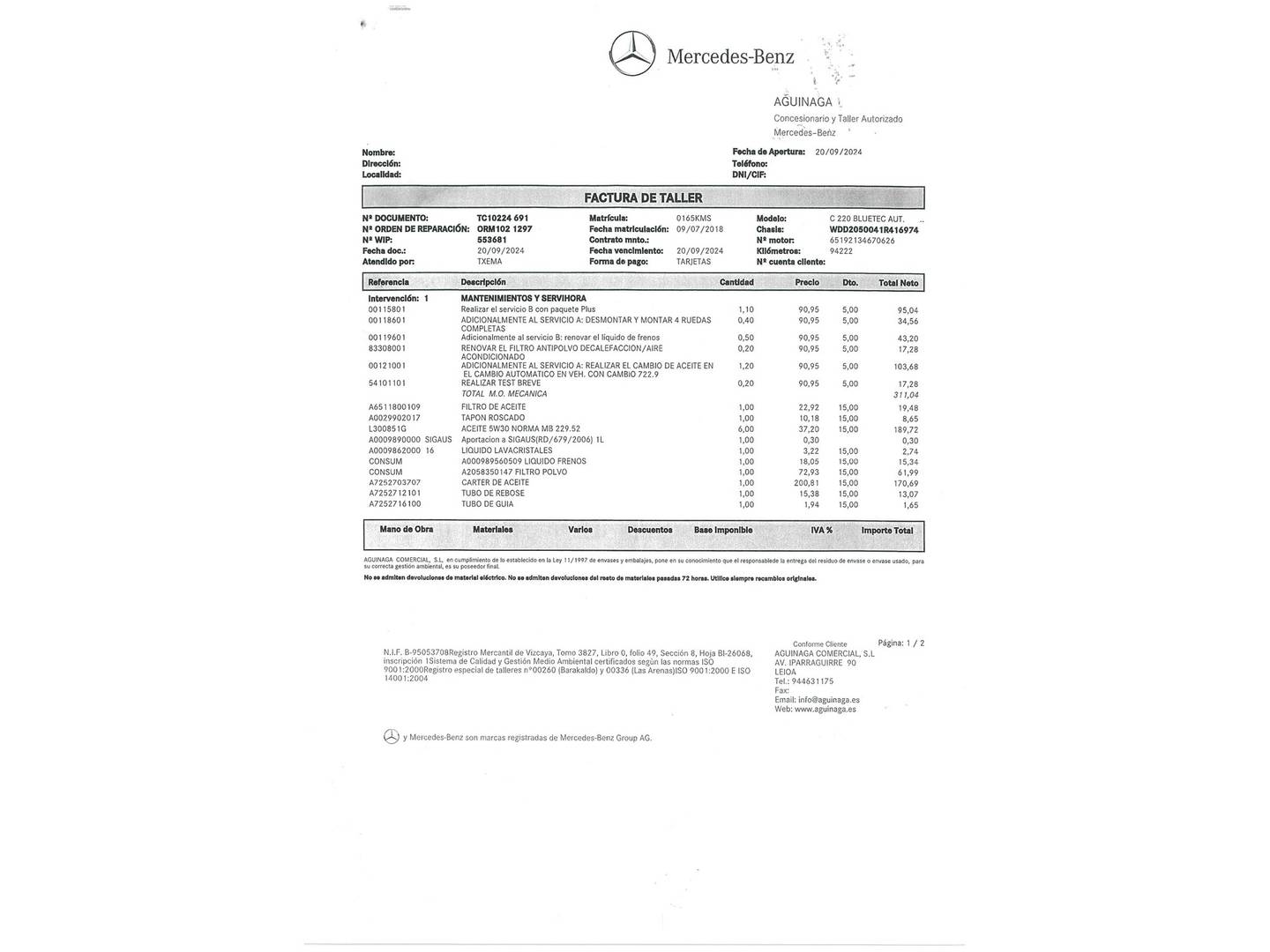 Foto del mantenimiento del Mercedes Clase C Mercedes Clase C 220 d (170 CV) Pack AMG