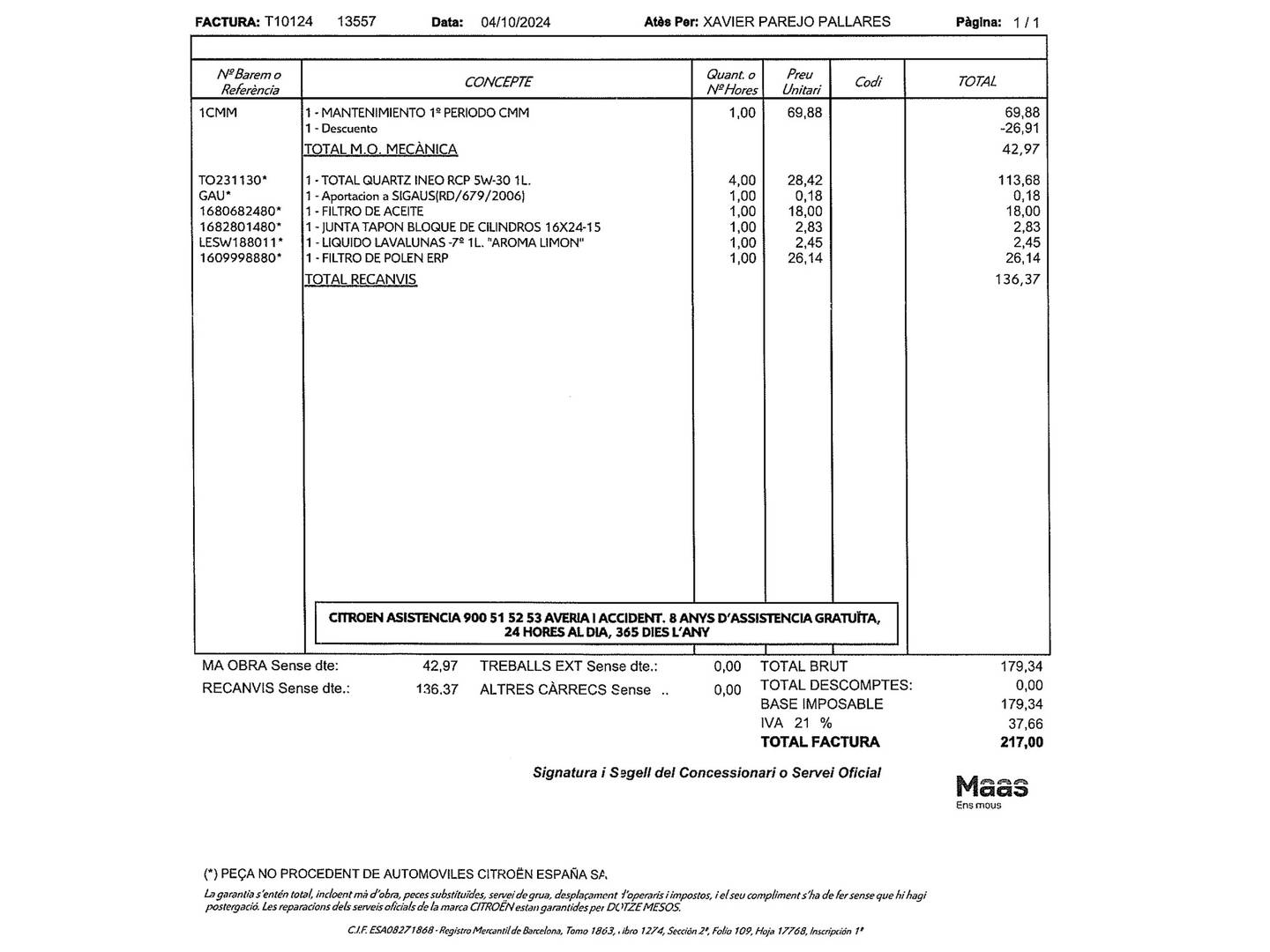 Foto del mantenimiento del Citroën Grand C4 Spacetourer Citroën Grand C4 Spacetourer BlueHDi 130 6v S&S Origins (130 CV) 7 Plazas