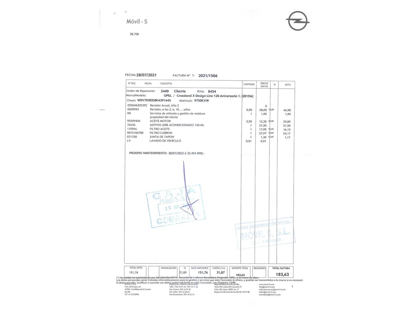 Foto del mantenimiento del Opel Crossland X Opel Crossland X 1.2 S&S Design Line 120 Aniversario (110 CV)