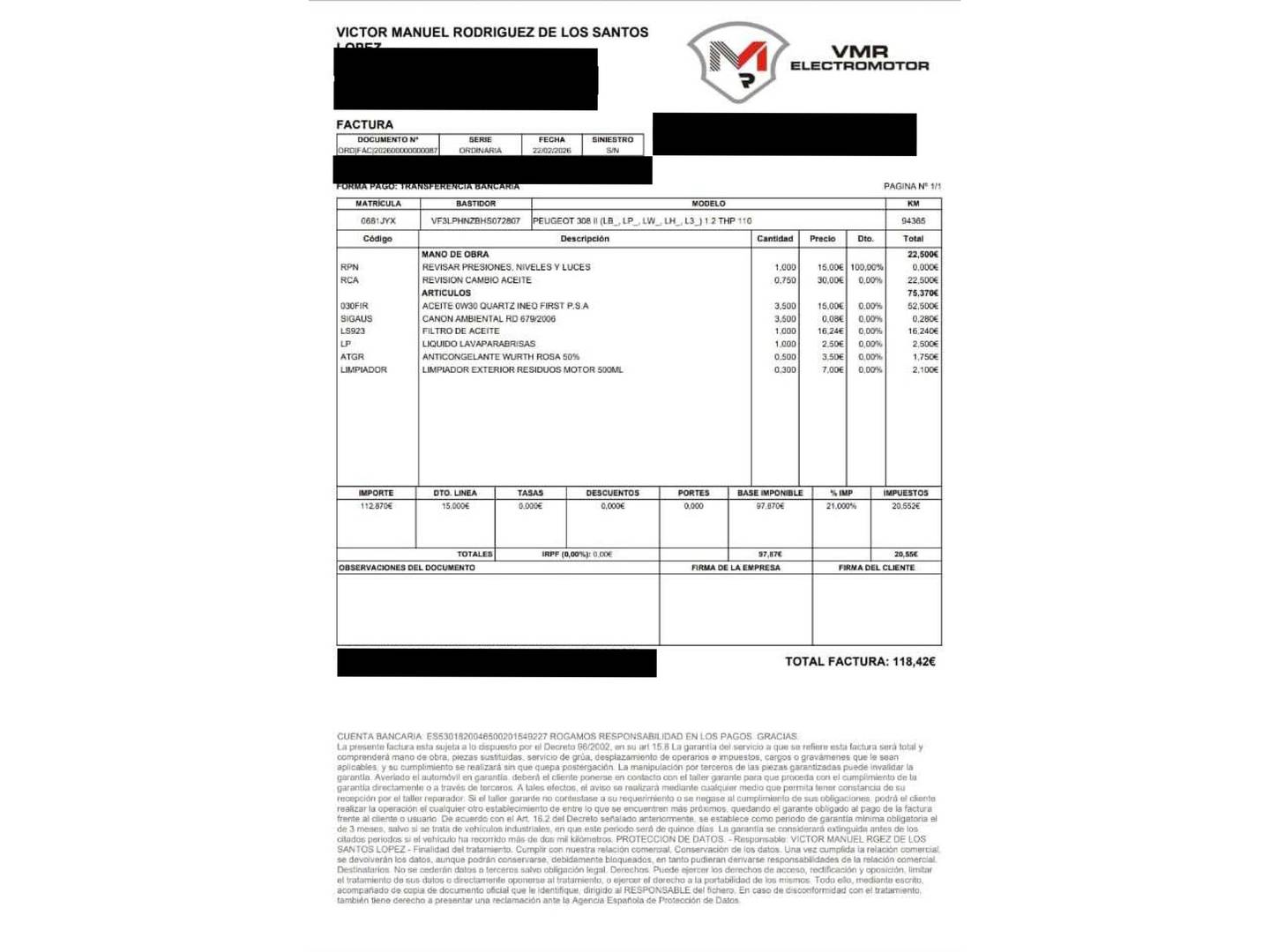 Foto del mantenimiento del Peugeot 308 Peugeot 308 PureTech 110 S&S Style (110 CV)
