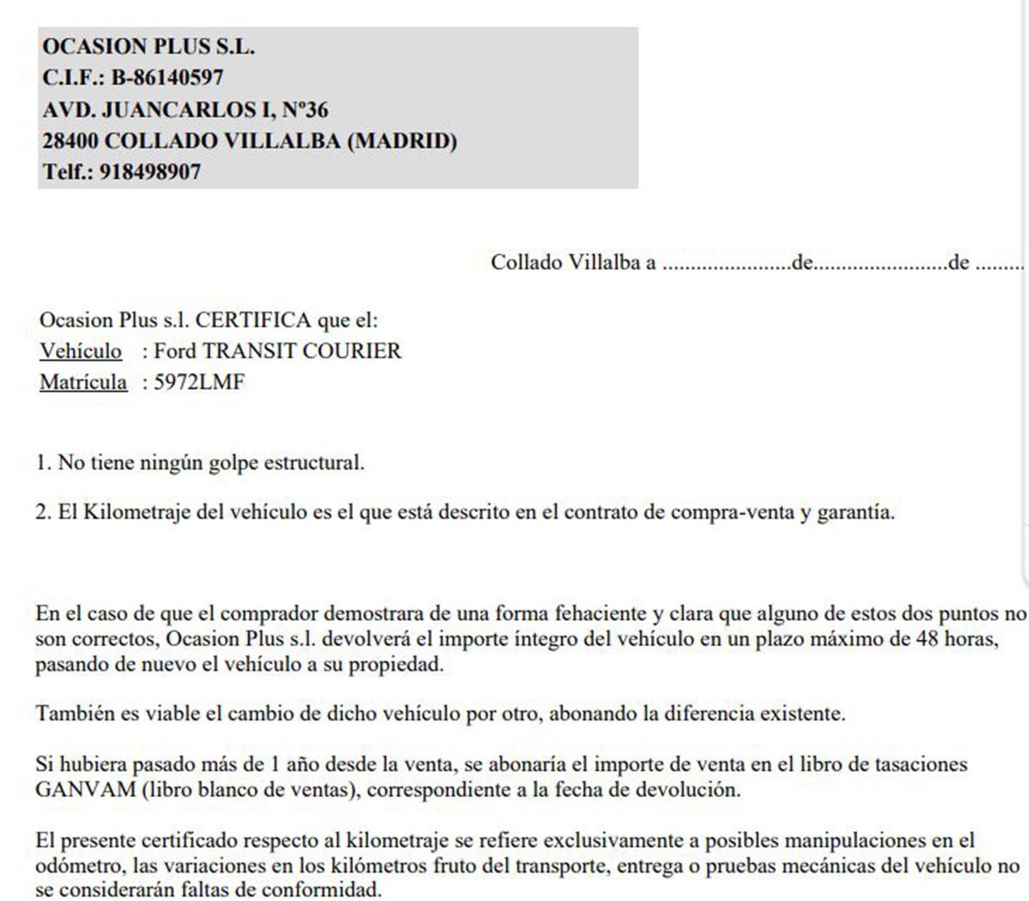 Foto del certificado del Ford Transit Courier Ford Transit Courier Furgon 1.5 TDCI Trend (75 CV)