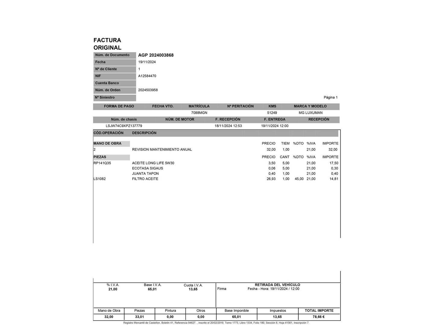 Foto del mantenimiento del MG ZS MG ZS 1.0T Luxury (111 CV)
