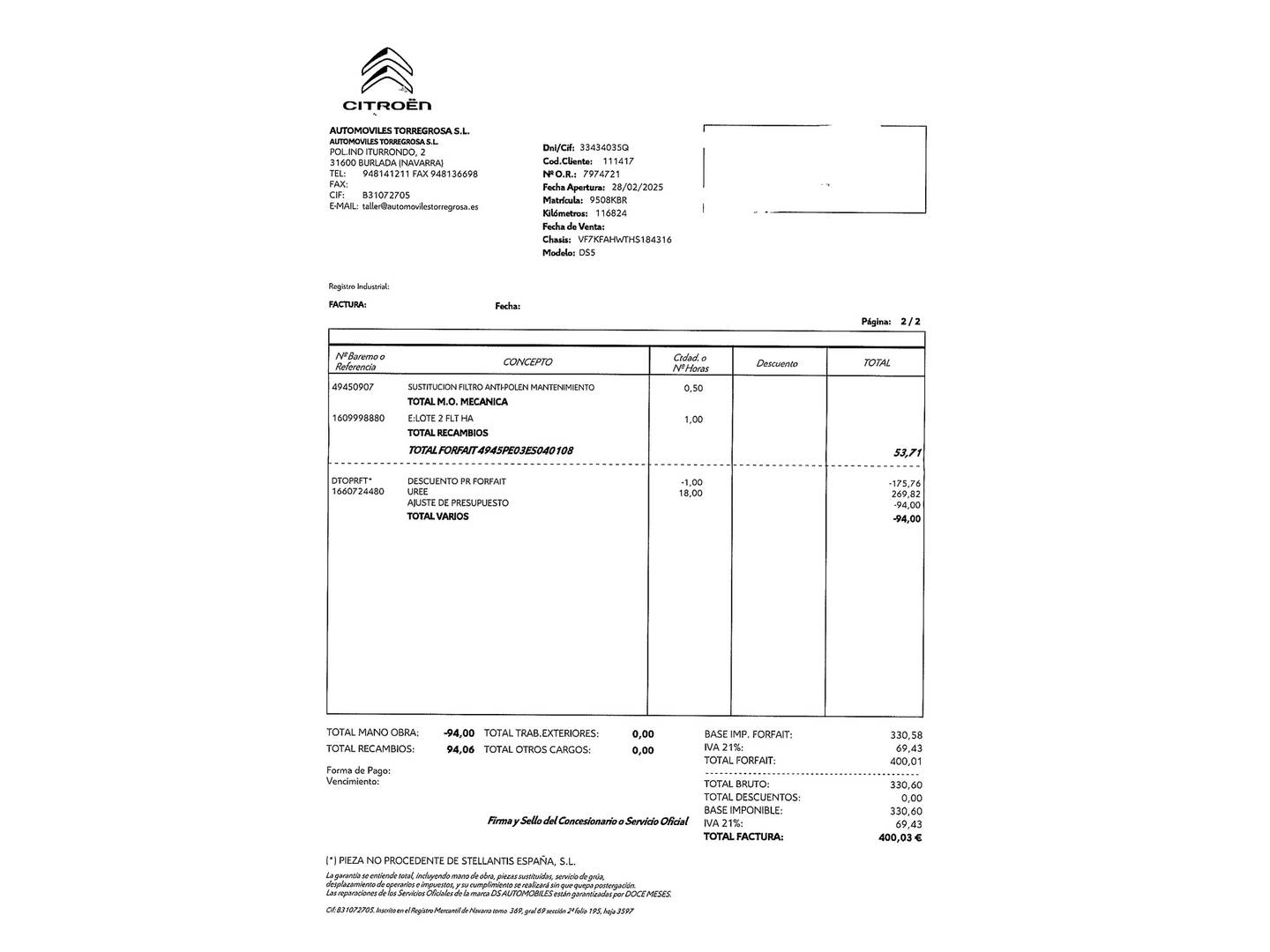 Foto del mantenimiento del DS DS 5 DS DS5 BlueHdi 180 Style EAT6 (181 CV)