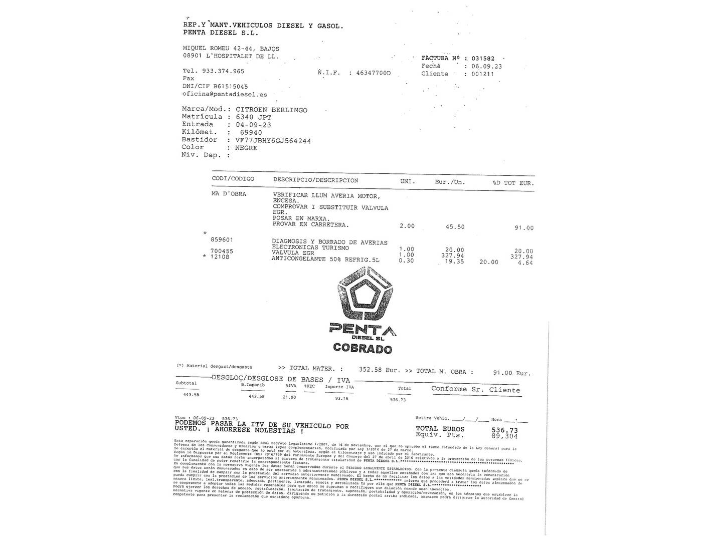 Foto del mantenimiento del Citroën Berlingo Citroën Berlingo Combi BlueHDi 100 Multispace XTR Plus (100 CV)