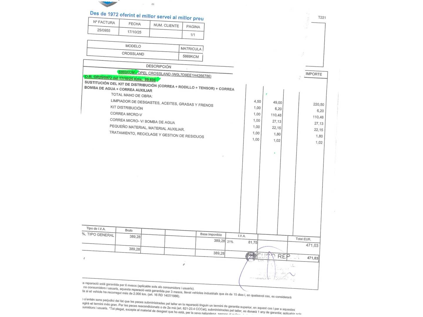 Foto del mantenimiento del Opel Crossland X Opel Crossland X 1.2 MPFI Selective (81 CV)