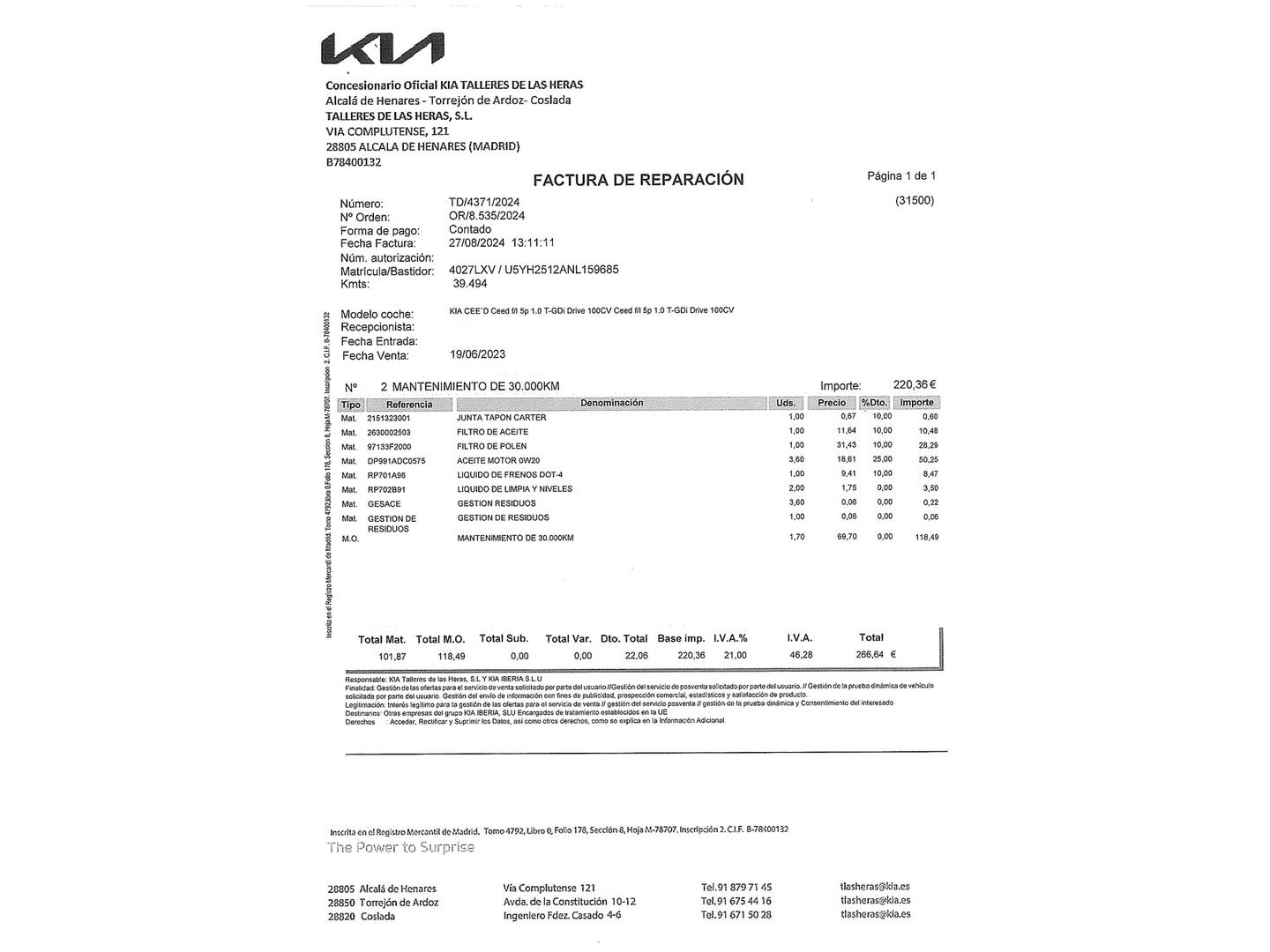 Foto del mantenimiento del KIA Ceed KIA Ceed 1.0 T-GDI Drive (100 CV)