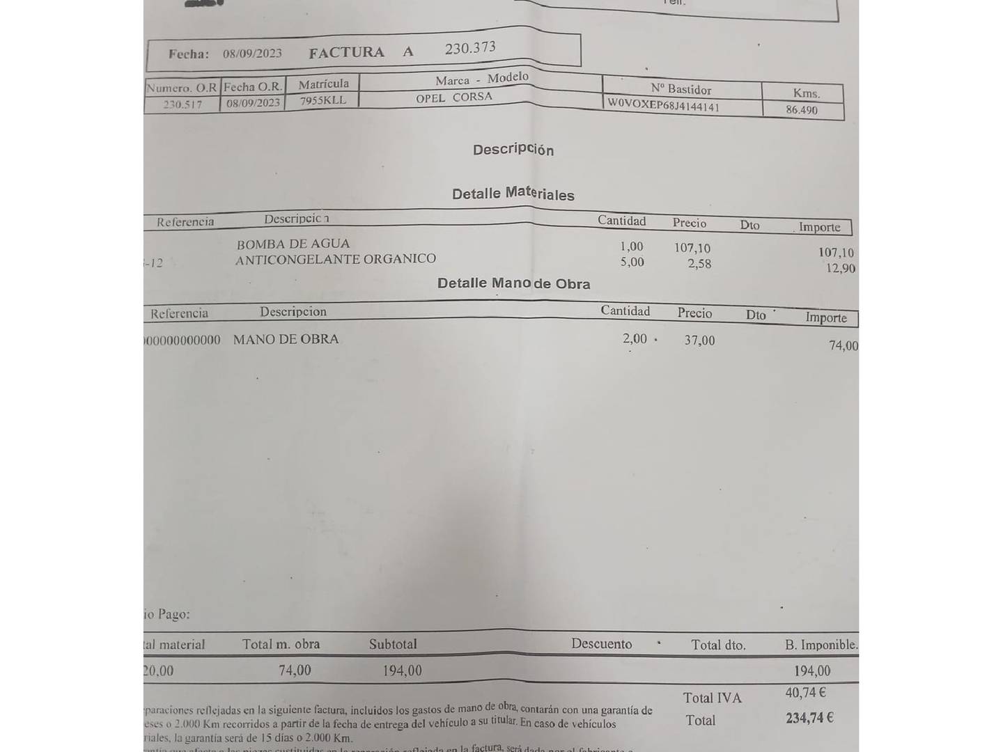 Foto del mantenimiento del Opel Corsa Opel Corsa 1.4 Selective (90 CV)