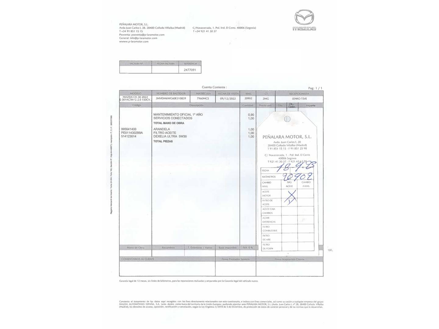 Foto del mantenimiento del Mazda CX-30 Mazda CX-30 2.0 e-SKYACTIV-G Homura 2WD (150 CV)