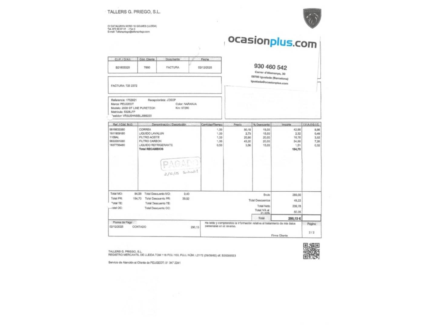 Foto del mantenimiento del Peugeot 2008 Peugeot 2008 PureTech 130 S&S GT Line EAT8 (130 CV)