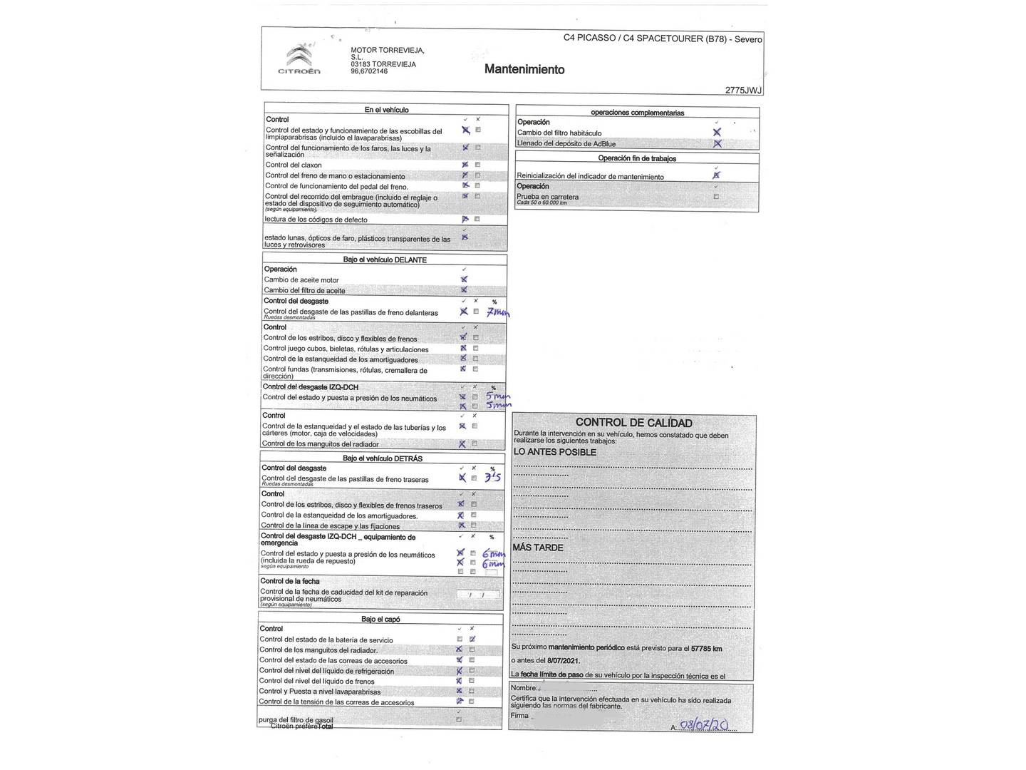 Foto del mantenimiento del Citroën Grand C4 Picasso Citroën Grand C4 Picasso BlueHDi 120 S&S Feel EAT6 (120 CV) 7 Plazas