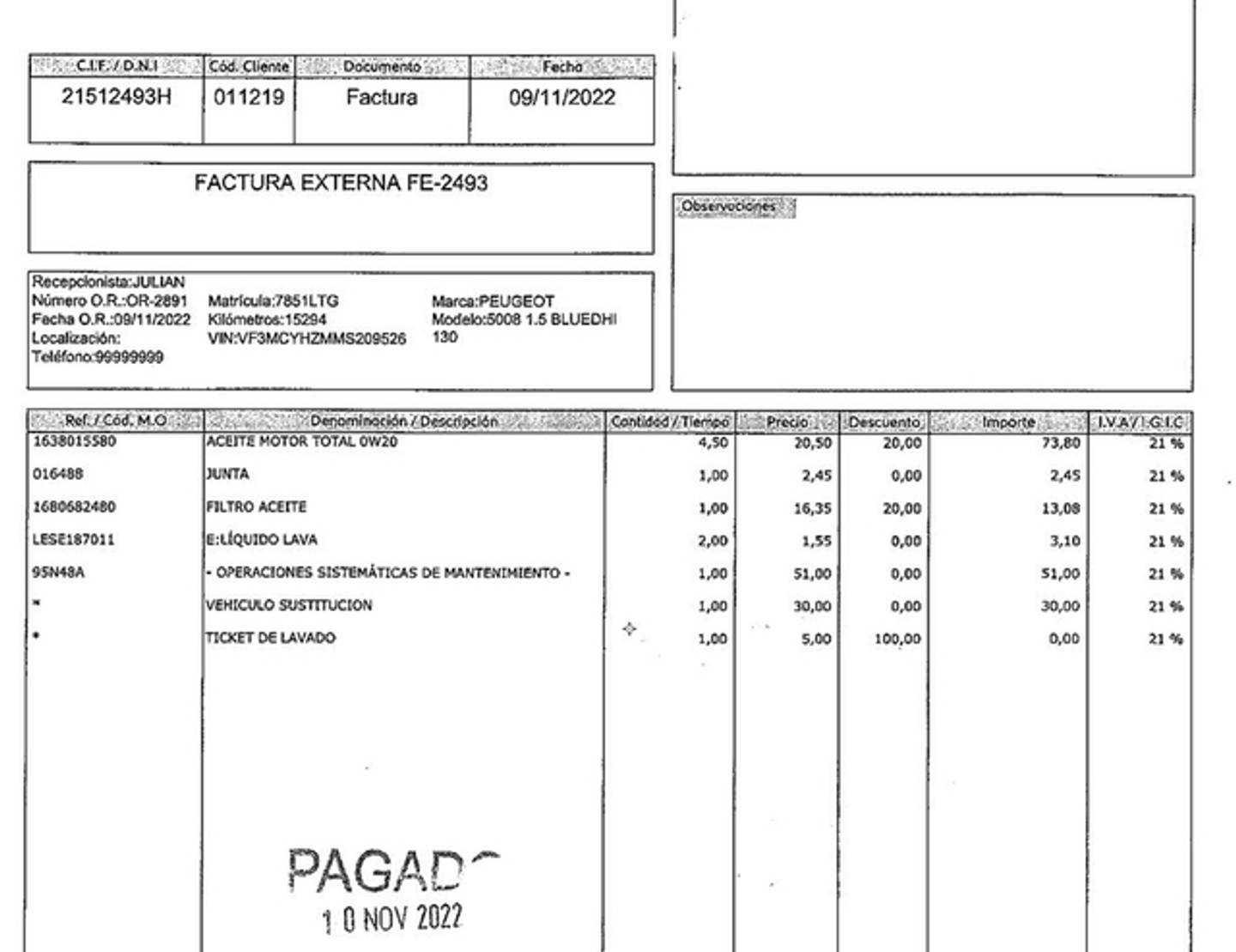 Foto del mantenimiento del Peugeot 5008 Peugeot 5008 BlueHDi 130 S&S Allure (130 CV)