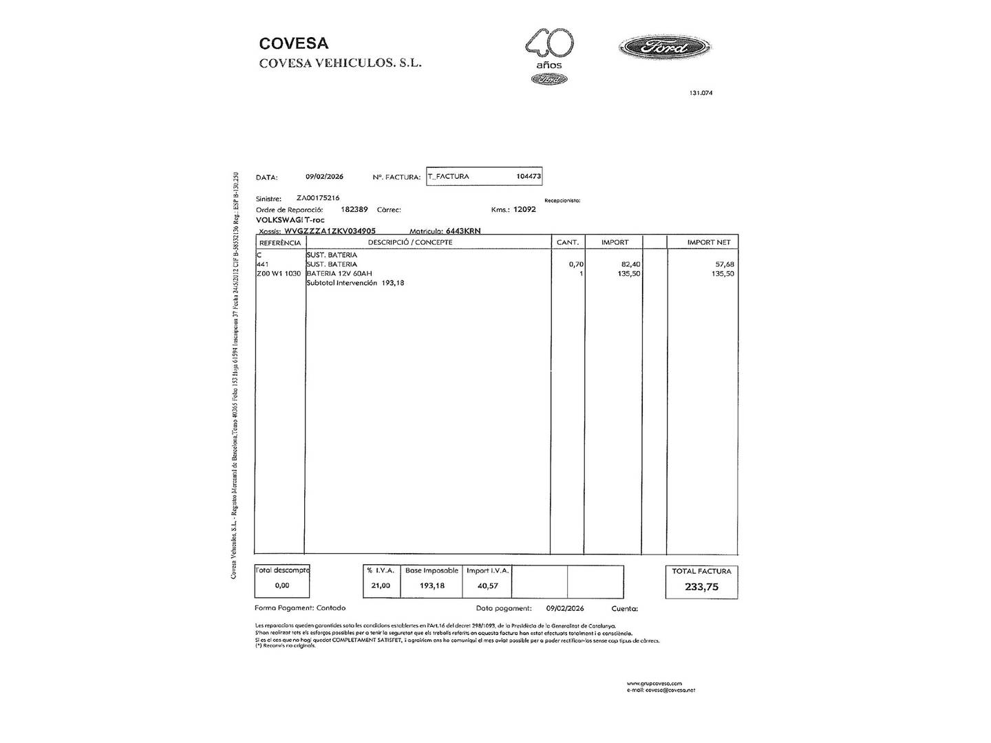 Foto del mantenimiento del Volkswagen T-Roc Volkswagen T-Roc Advance Style 1.0 TSI (115 CV)