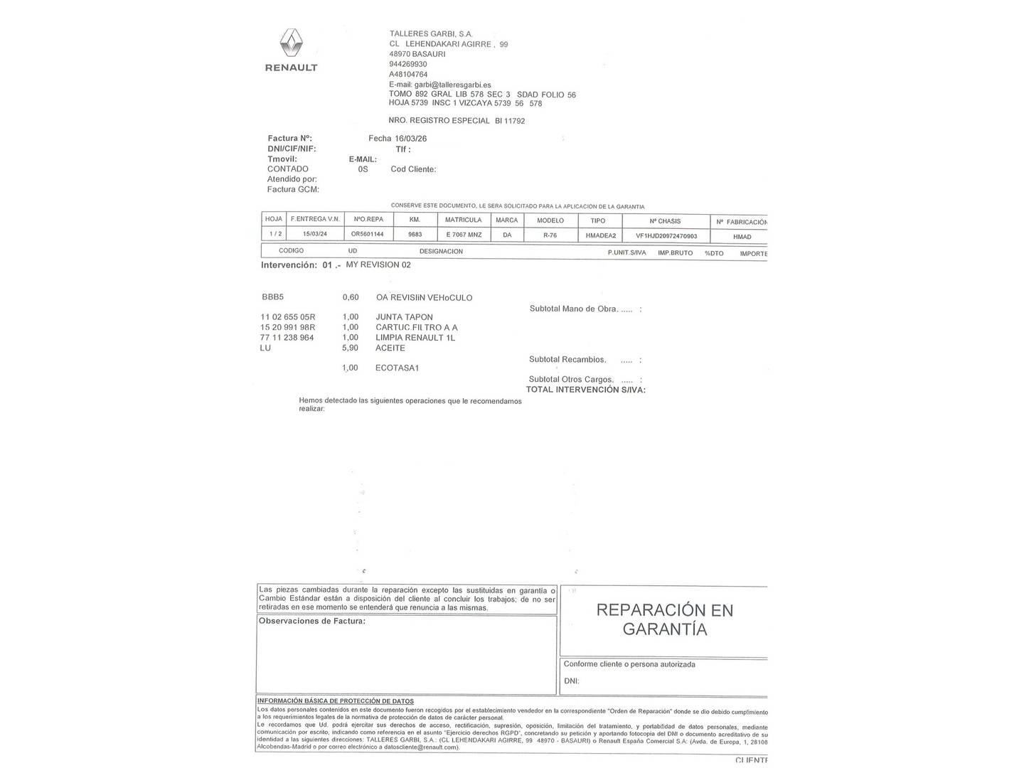 Foto del mantenimiento del Dacia Duster Dacia Duster Expression Blue dCi (115 CV)