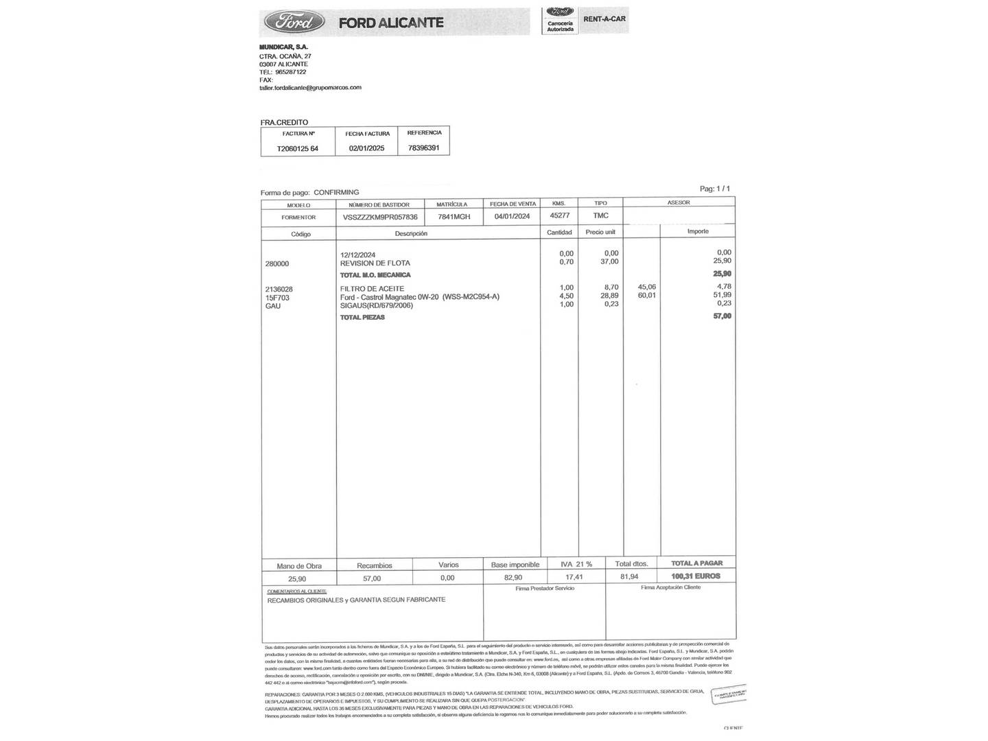 Foto del mantenimiento del Cupra Formentor Cupra Formentor 1.5 TSI DSG (150 CV)