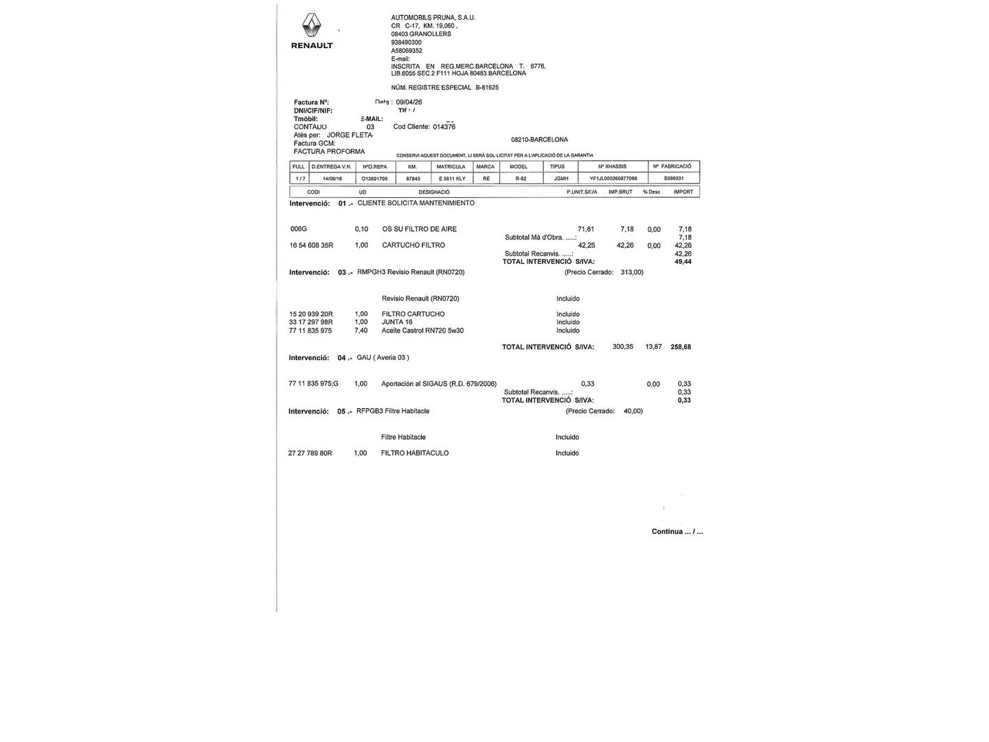 Foto del mantenimiento del Renault Trafic Renault Trafic dCi 125 Combi Energy 9 Plazas (125 CV)